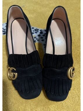 Gucci Black Suede Fringe Loafers with Gold Double G
